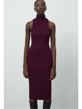 Zara Purple Cotton Ribbed Sleeveless Turtleneck Midi Dress